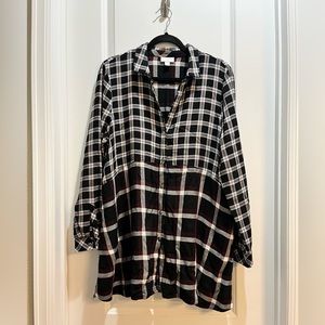 J Jill Button Down Shirt Black Contrast Plaid Long Sleeves Medium Length 32”